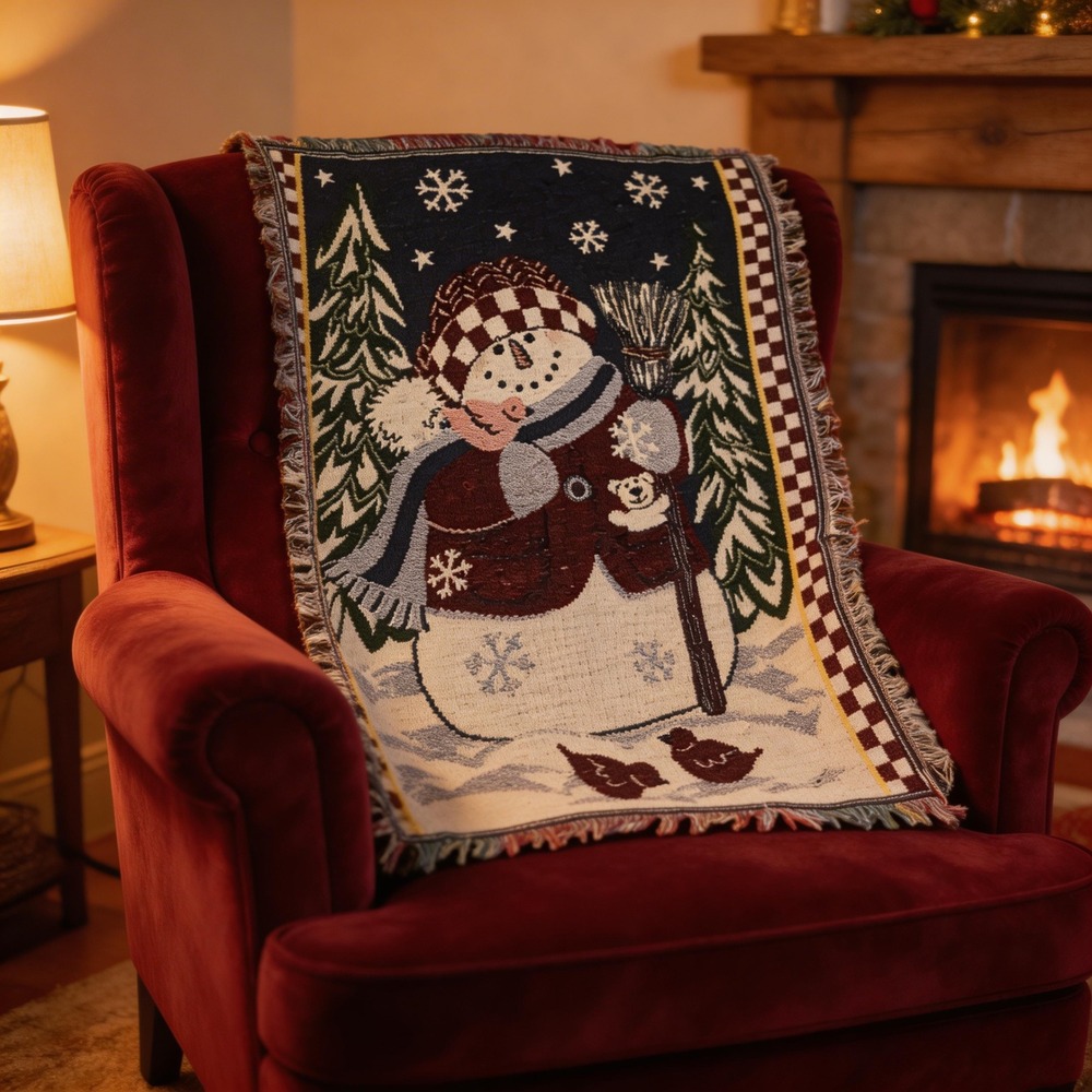 Vintage Woven Tapestry‎ Throw Blanket Snowman Winter Christmas Holiday 34x46